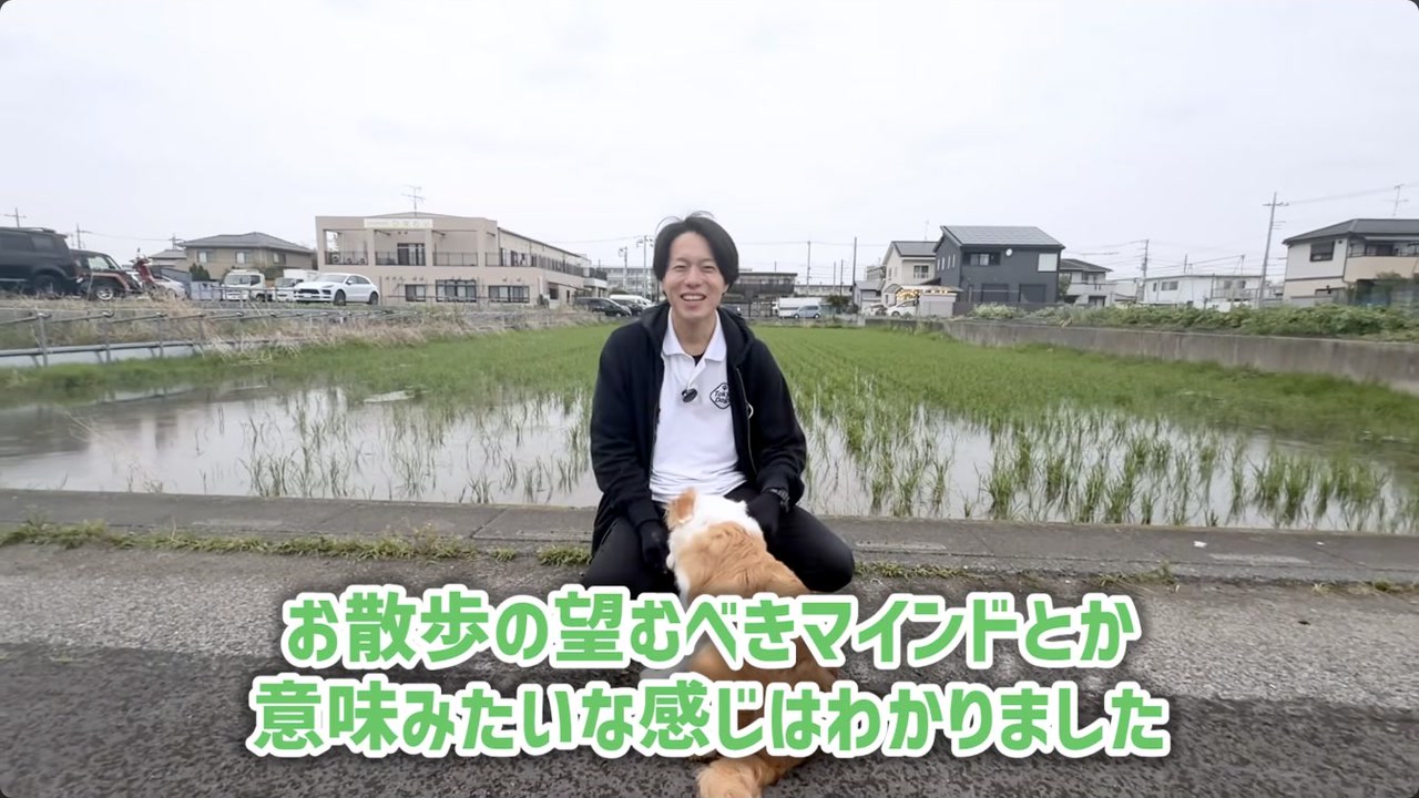 人の近くを歩く練習を犬と実践する松尾