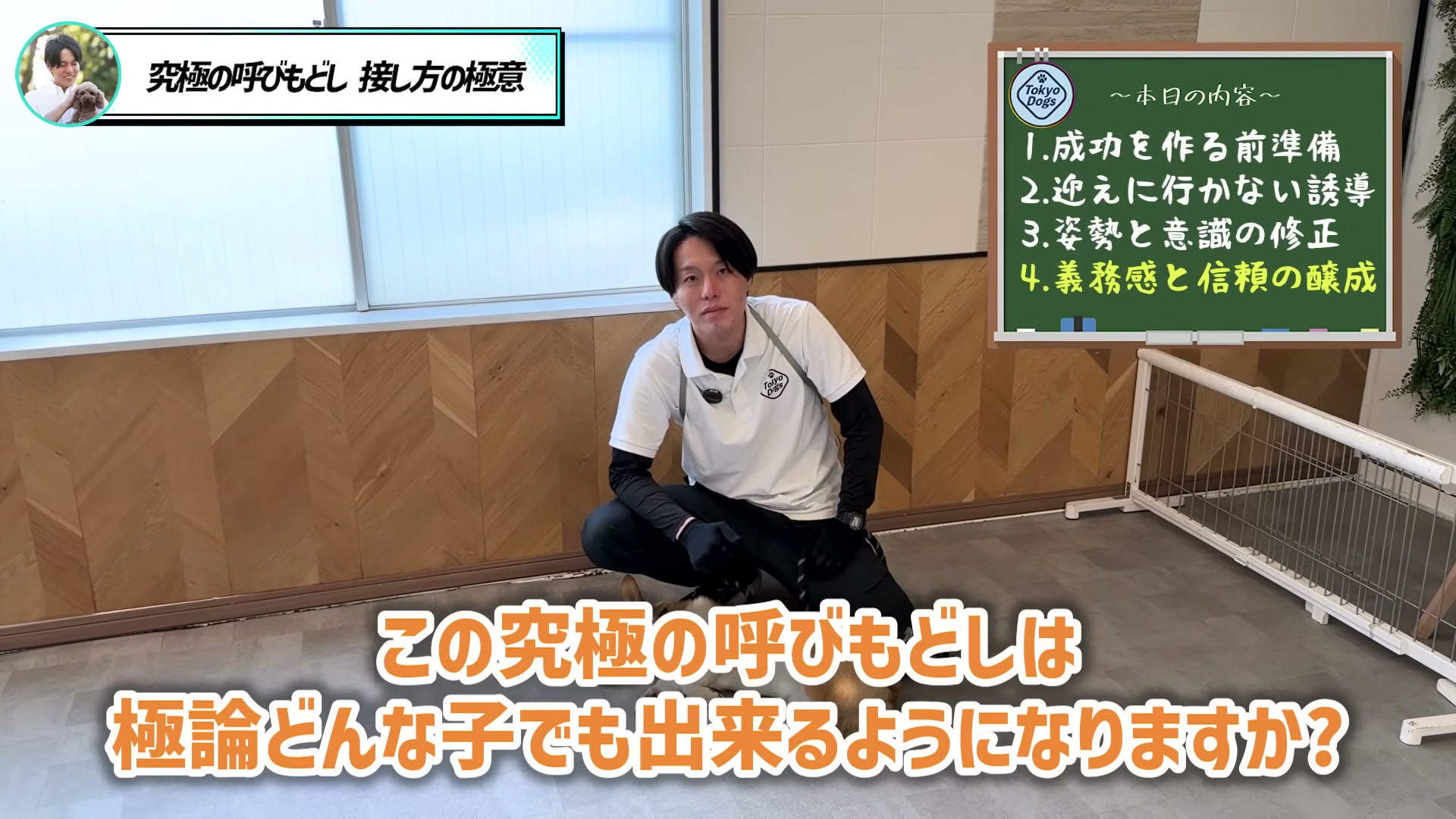 松尾邑仁が「どんな犬でも呼び戻しを学べるか」という質問に答える場面