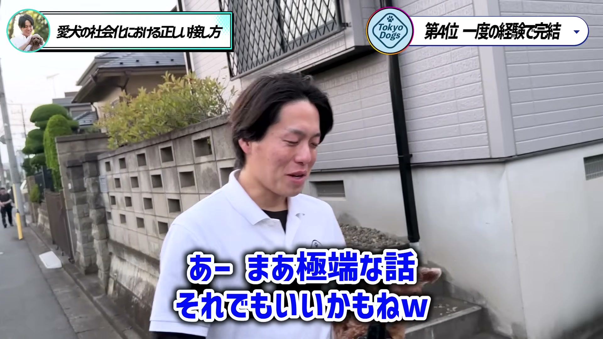住宅街でトイプードルを抱き、止まっている車から刺激を小さく始める例を話す松尾邑仁