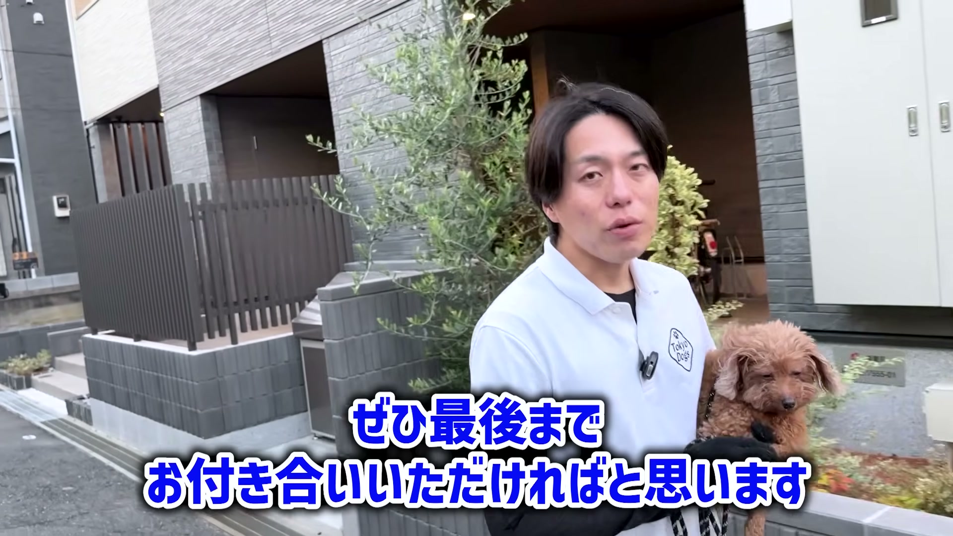 住宅街でトイプードルを抱き、社会化で失敗しやすい行動の全体像を説明する松尾邑仁