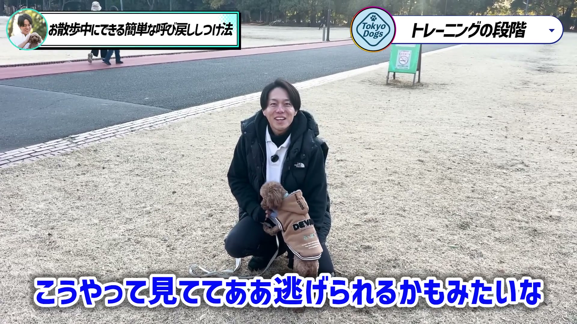 リードを持って犬の様子を見る一つの場面