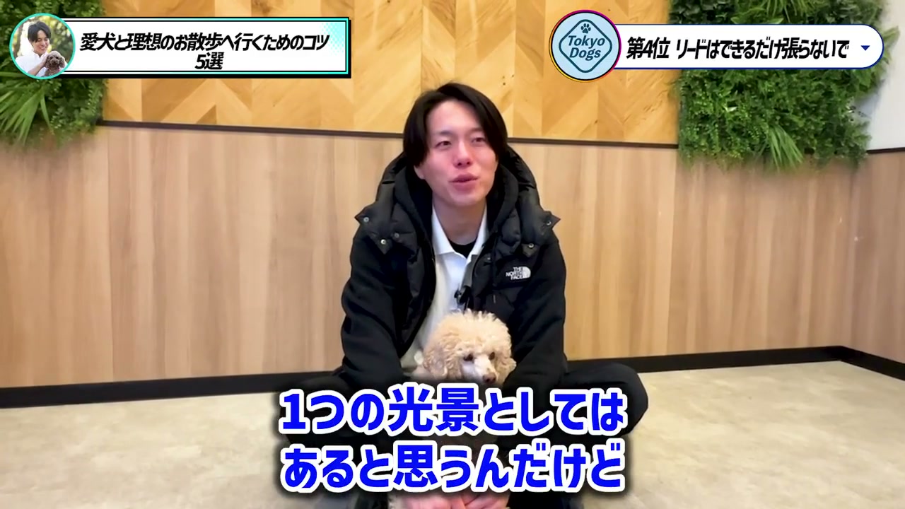 犬と一緒に座り、散歩について室内で話す松尾ゆうと